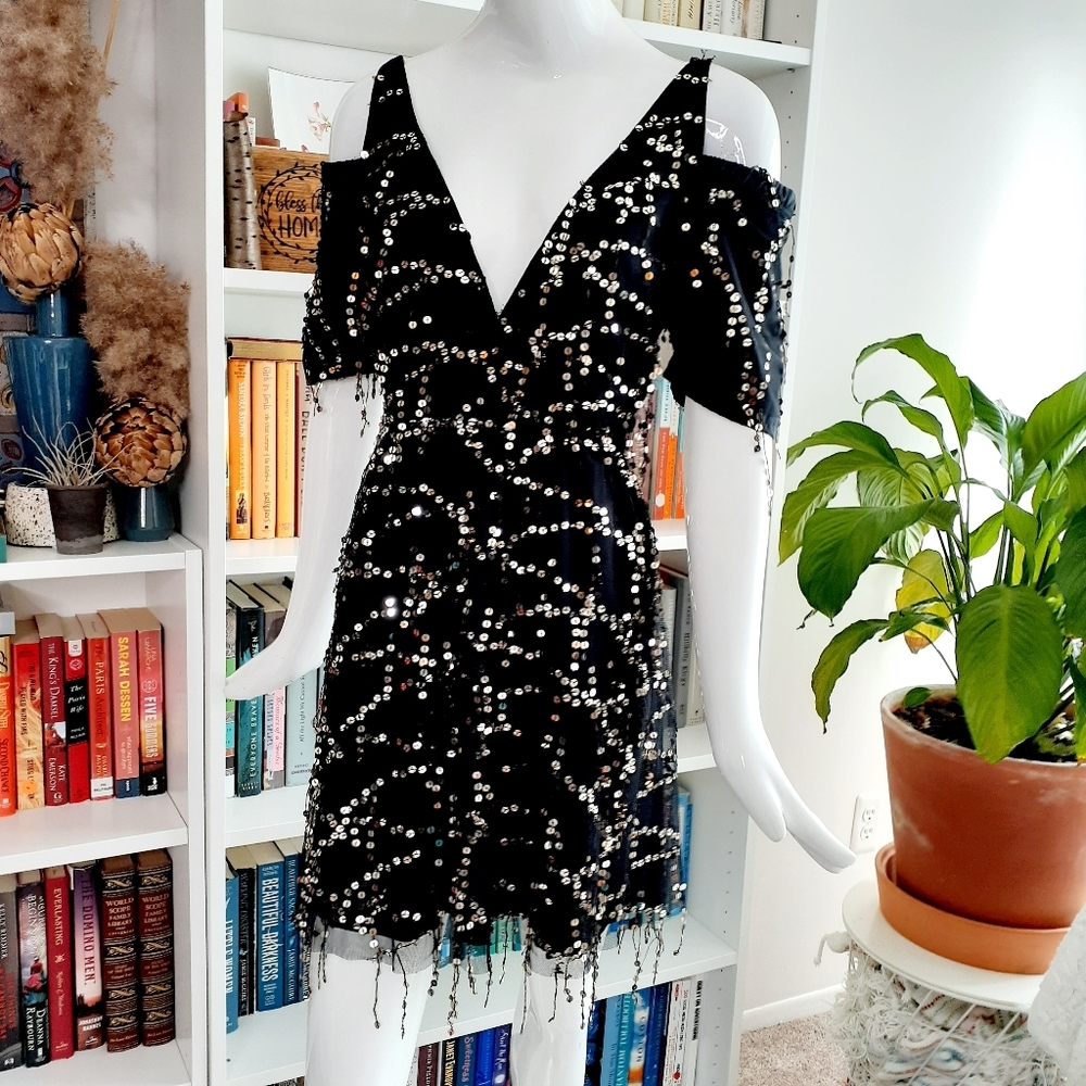 Sexy off Sequin Tassel Dress